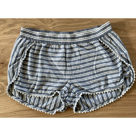 Madewell Oahu Coverup Shorts Stripe White Blue Pompom Trim XS Beach Coastal Chic - Picture 1 of 12